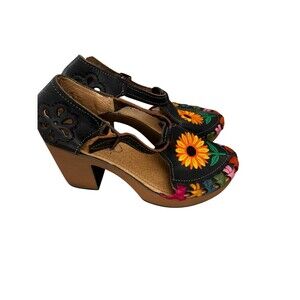 Leather Embroidered Chunky Platform Sandals Boho Festival Brown Multi Sunflower